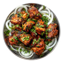 Fototapeta premium Delicious tandoori chicken pieces garnished with fresh cilantro and onion rings isolated on transparent background