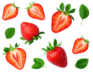 Artistic Flat-Lay of Strawberries and Leaves, Fresh Summer Fruit Collection, Transparent Background PNG PNG