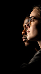 Obraz premium Business professionals looking forward with vision and determination on black background. Corporate strategy, leadership focus and future planning concept with dramatic lighting.