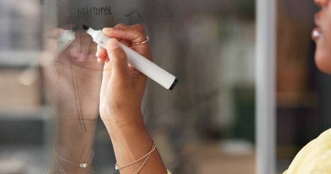 Small business, writing and hands of person with idea for distribution, supply chain and logistics. Startup, office and worker with glass board for delivery schedule, supplier strategy and planning