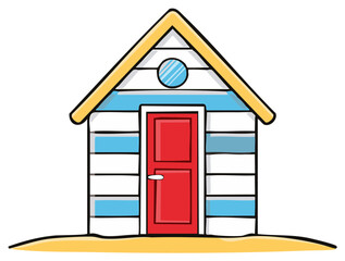 Colorful cartoon beach hut with stripes and a red door sitting on the sand