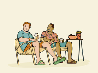 Men friends relaxing, drinking, and conversing outdoors
