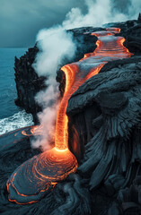 Close-up of lava flowing from a rock column and pours into a volcanic landscape.
