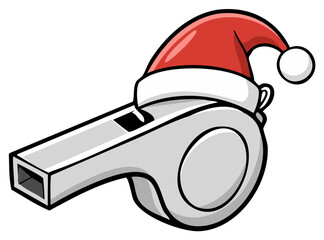 Festive sports illustration of a gray cartoon whistle wearing a red Santa Claus hat for Christmas