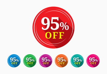 Discount tag template. Discount buy now label pop-up banner with 95 percent off price reduction badge promotion, red discount sale tags with percentages.	