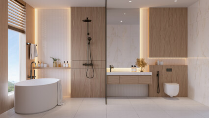 Modern minimalist bathroom interior with wooden wall panels, white freestanding bathtub, and large window. Bright natural light creates a warm and cozy atmosphere.3drender