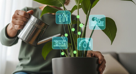 Person watering a houseplant with a watering can, augmented by a digital interface displaying plant care data and icons for smart gardening