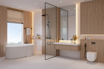 Modern minimalist bathroom interior with wooden wall panels, white freestanding bathtub, and large window. Bright natural light creates a warm and cozy atmosphere.3drender