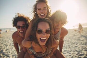 Fototapeta premium Group of friends enjoying a fun piggyback race on the beach during a sunny vacation at sunset