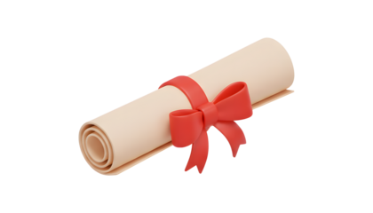 3D Render Diploma Scroll with Red Ribbon, Graduation Certificate Icon, award, or academic achievement concepts.