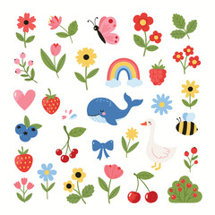Cute Kids Doodles Vector Collection – Hand-Drawn Crayon Illustrations of Animals, Fruits, and Flowers