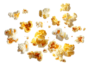 Bursting Popcorn Explosion Concept, Flying Snack Pieces, Transparent Background PNG