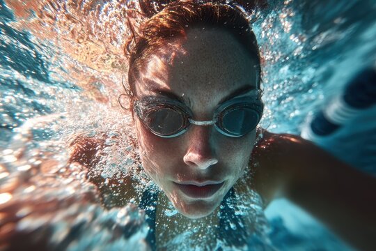 Young female swimmer practicing underwater in a clear pool during bright daylight hours - Powered by Adobe
