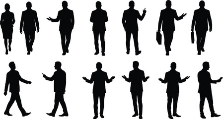 Business silhouettes of professionals in suits, corporate teamwork poses, office attire figures, leadership concept, workplace diversity, modern company vector design
