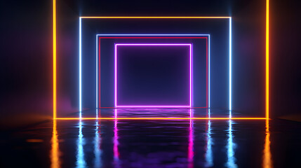 A series of nested neon squares with vibrant orange, blue, and purple lights, receding into a dark, reflective space, evoking a sense of depth and mystery