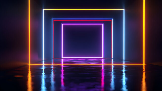A series of nested neon squares with vibrant orange, blue, and purple lights, receding into a dark, reflective space, evoking a sense of depth and mystery