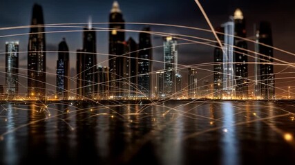 Golden network lines weave across a modern skyline at dusk, visualizing 5G data, smart grids, fast connectivity, and the pulse of an intelligent city moving information through light. - Powered by Adobe