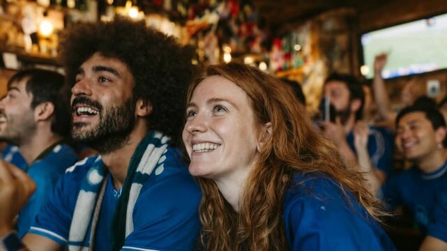Tight shot of excited fans in jerseys exploding with joy inside a pub, faces lit by screens and victory, celebrating teamwork, resilience, and the thrill of live sport together.