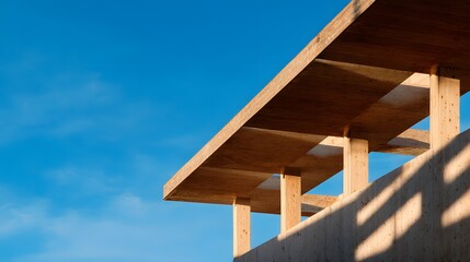 Contemporary wooden structure displays geometric shadows against a vivid blue sky