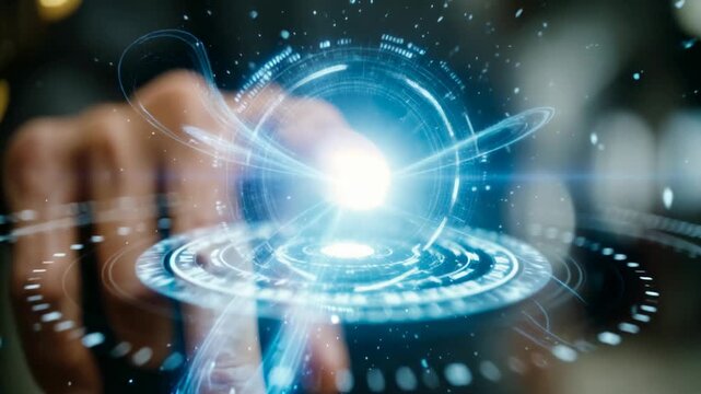 Hand interacts with a swirling holographic interface, drawing neon trails that imply innovation, rapid prototyping, and intuitive control across futuristic dashboards and immersive experiences.