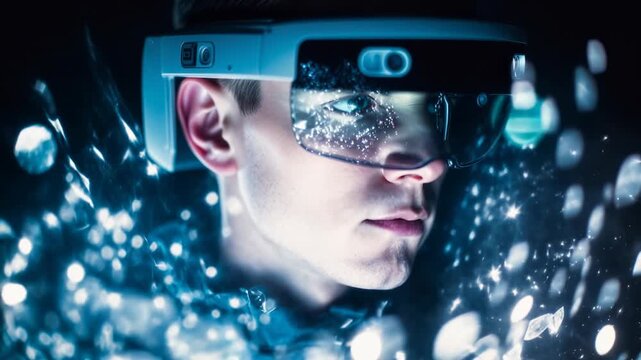 Man in AR goggles watches cascading particles, blending physical and digital layers to hint at industrial training, remote assistance, and mixed‑reality analytics for high‑tech workflows.
