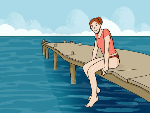 Woman relaxing sitting on wooden pier by ocean