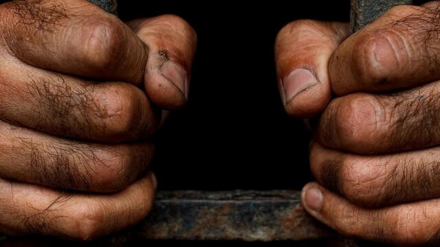 Weathered hands clasp iron bars with chipped paint, conveying decades of struggle, reform talks, and the human cost behind statistics in criminal justice headlines.