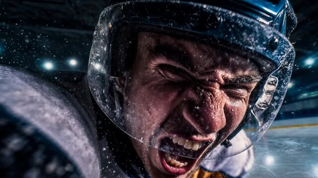 Raw close‑up of a roaring hockey player mid‑charge, sweat and ice crystals flying as adrenaline peaks, expressing fearless determination and the ferocity of playoff pressure.