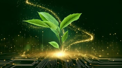 Vivid green sprout rises from a glowing circuit board, blending ecology and engineering to celebrate clean tech, sustainable innovation, and planet‑positive progress in the digital era. - Powered by Adobe