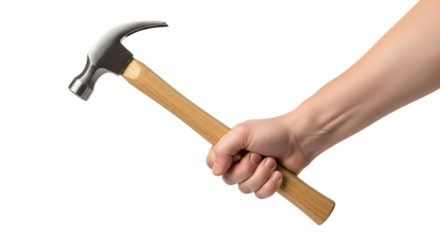 Hand holding a claw hammer with a wooden handle and metal head, isolated on a white or transparent background, cutout, PNG