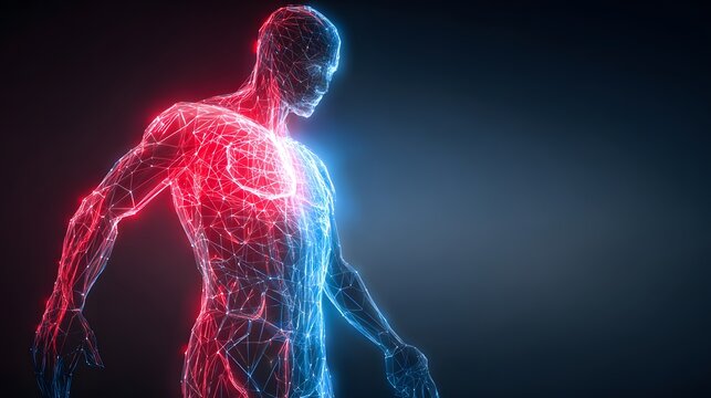 Glowing digital wireframe human figure displays contrasting warm and cool internal energy fields