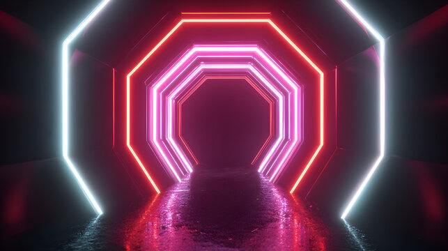 A mesmerizing, endless tunnel formed by glowing red and white neon octagons, with a wet, reflective floor, evoking a sense of mystery and speed - Powered by Adobe