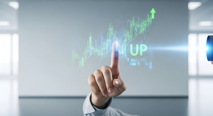 Innovative financial strategy concept showing finger touching augmented reality interface with stock market chart indicators symbolizing market growth and technological