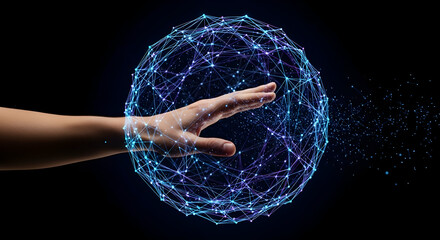 Futuristic technology concept featuring human hand interacting with glowing polygonal sphere representing global network connection and advanced digital innovation suitable for