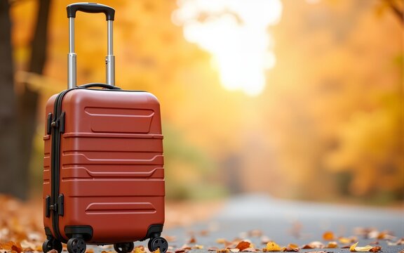Autumn vacation travel suitcase with copy space for text, travel essentials for fall getaways. High quality