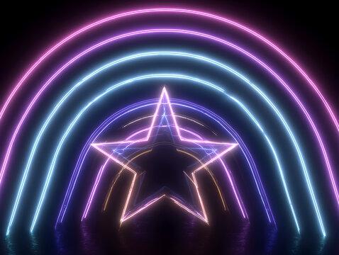 A glowing neon star tunnel with concentric arcs of pink and blue light, creating a futuristic and vibrant abstract background - Powered by Adobe