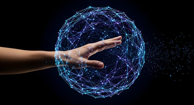 Futuristic technology concept featuring human hand interacting with glowing polygonal sphere representing global network connection and advanced digital innovation suitable for - Powered by Adobe
