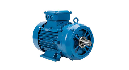 Bright blue electric motor with metal shaft and cooling fins, isolated on a white or transparent background, cutout, PNG
