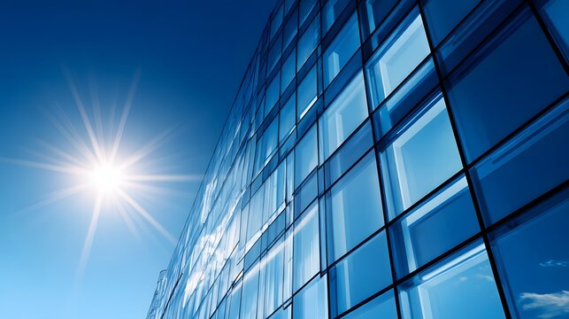 Modern architectural facade features reflective glass panels against a bright blue sky with intense sunlight. - Powered by Adobe