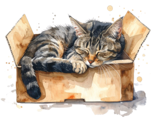  Curious Tabby Cat Curled Inside an Open Carton, Watercolor Painting PNG