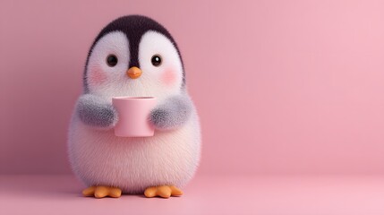Adorable, fluffy baby penguin character holding a small cup against a soft pink background