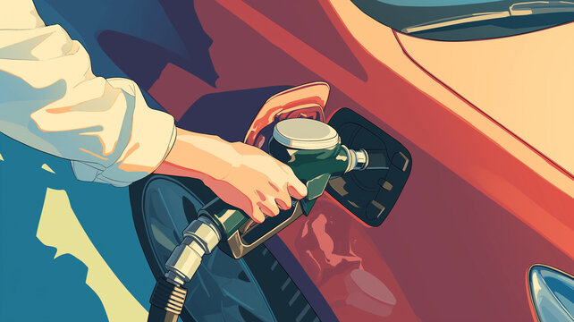 自動車にガソリンを入れるセルフ作業のイラスト・給油所・燃料補給・カーライフ・運転前のルーティン