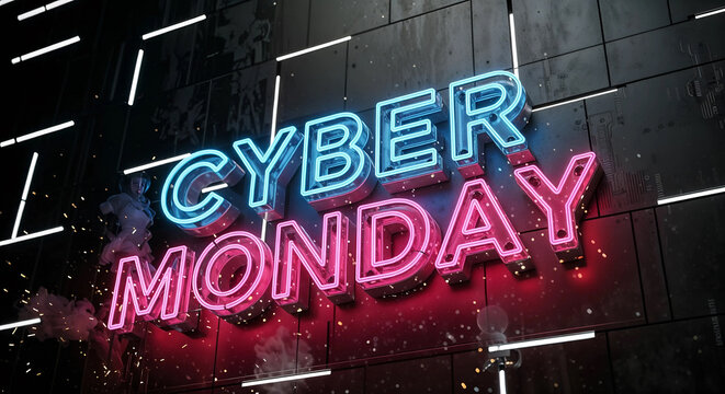 Cyber monday neon sign glowing in blue and pink against a dark, textured background with light streaks