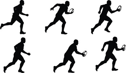 Rugby player silhouettes running with ball, dynamic sports action poses, athletic sprint sequence, fitness training, competitive game, teamwork, motion illustration