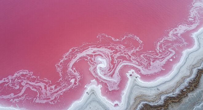 Aerial view of a vibrant pink salt lake with swirling patterns of white salt deposits and foam, creating an abstract, otherworldly landscape of natural beauty and striking color contrast