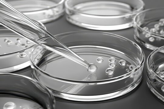 Pipetting samples into close Petri dishes in a laboratory setting, showcasing precision and meticulous scientific work on a dark surface