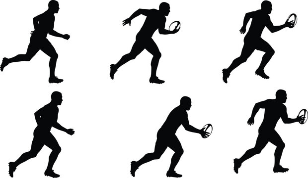 Rugby player silhouettes running with ball, dynamic sports action poses, athletic sprint sequence, fitness training, competitive game, teamwork, motion illustration