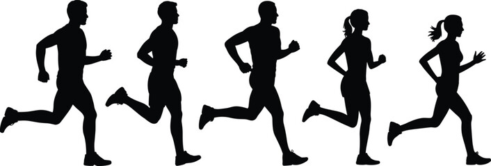 Running, silhouette, people, athletes, sport, fitness, exercise, jogging, training, motion, movement, speed, health, lifestyle, activity, design, illustration, art, concept, posture, reference