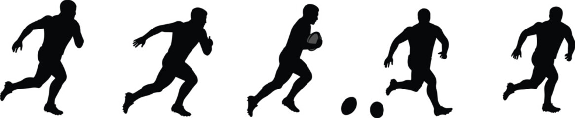 Running athlete silhouette sequence, rugby player holding ball, sports action poses, dynamic motion, fitness training, competitive game, athletic movement, teamwork