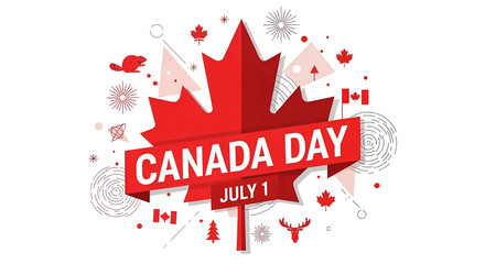 Happy canada day july 1st celebration with red maple leaf and confetti isolated on white background